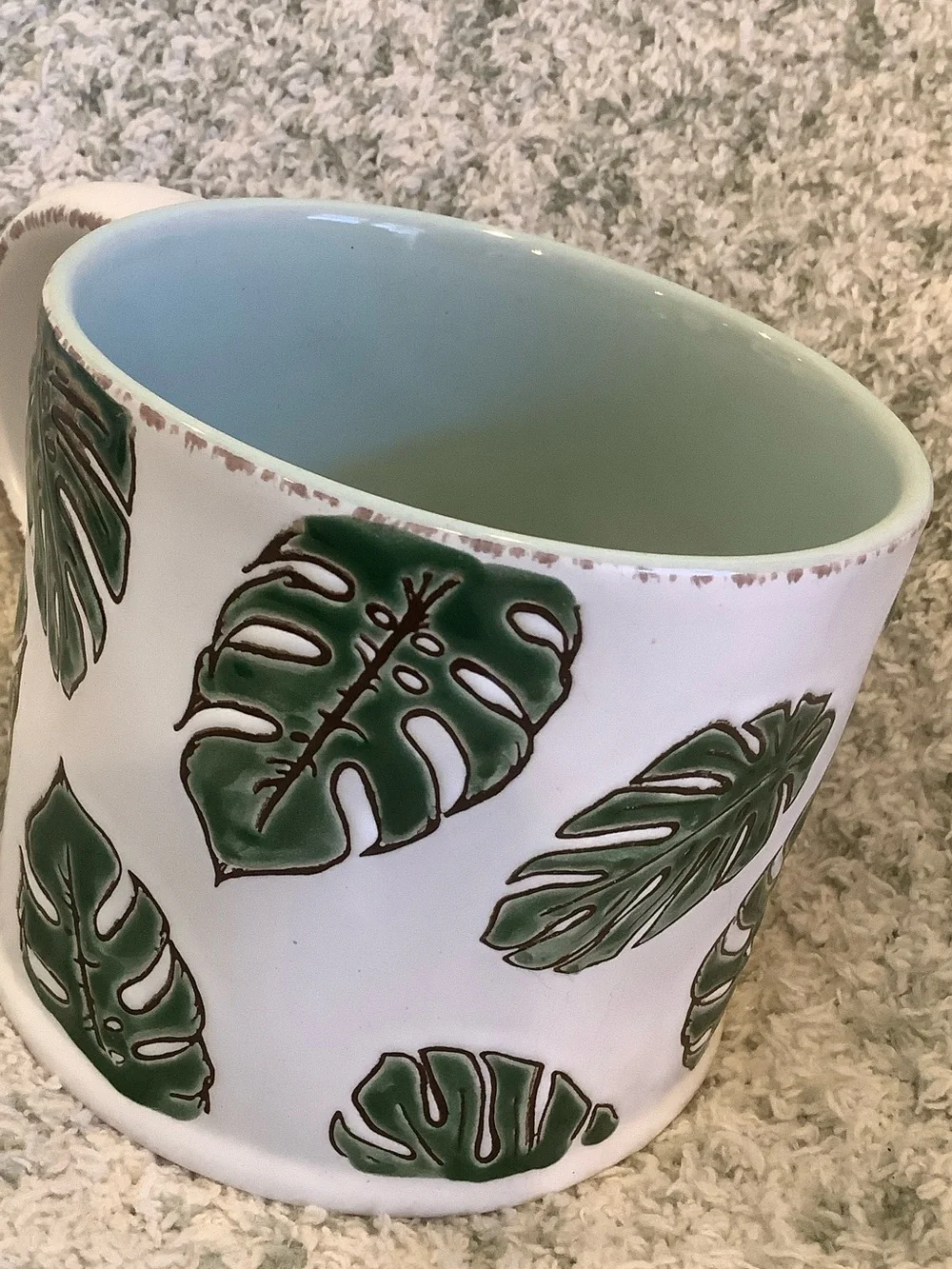 White Tropical Ceramic Mug with Green Monstera Leaf  RS 16oz.